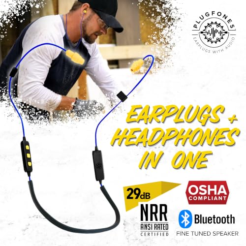 Plugfones Liberate 2.0 Bluetooth Earplug Headphones for Work, OSHA Earbuds | 29dB NRR Hearing Protection Earbuds, Work Headphones, Wireless Safety Ear Plugs, Mic, Construction, Warehouse, Blue & Yellow - color: Blue/Yellow