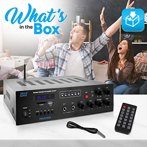 Pyle Public Address Amplifier - 500W Compact Digital Receiver w/ 70V 100V Output, Dual Mic Input, USB-A Input w/ MP3 Player, FM Radio, RCA | Home, Continuous Volume and Commercial | PMSA126BU - style: Wireless Amplifier