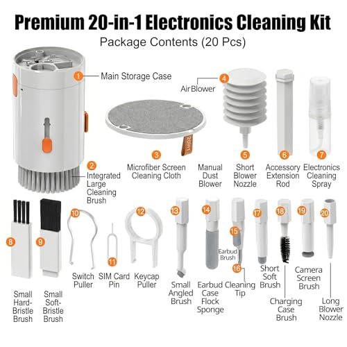 20-in-1 Keyboard & Computer Cleaning Kit, Airpod & Phone & Laptop Cleaner | Portable Electronics Cleaning Kit with Screen Spray Bottle & Brush, Tool Set Compatible with Earbud, Camera and PC Monitor - size: 20-in-1