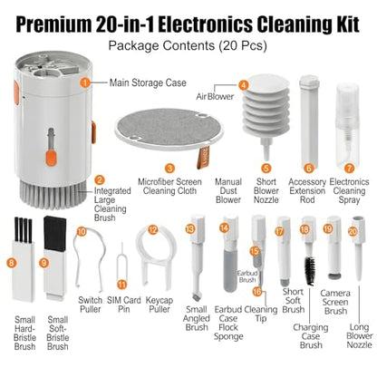 20-in-1 Keyboard & Computer Cleaning Kit, Airpod & Phone & Laptop Cleaner | Portable Electronics Cleaning Kit with Screen Spray Bottle & Brush, Tool Set Compatible with Earbud, Camera and PC Monitor - size: 20-in-1