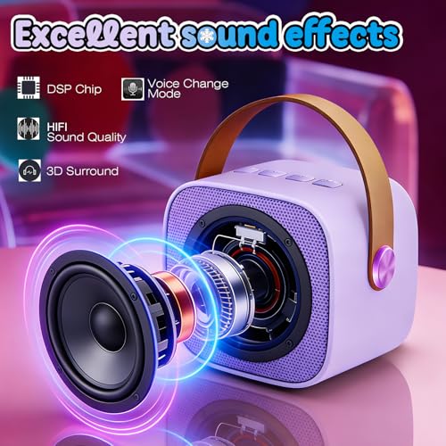 Mini Karaoke Machine for Kids with LED Lights & Fun Voice Effects | Portable Bluetooth Speaker with 2 Wireless Mics,Girls Birthday Gifts Toys for Ages 3-12 Years Old,Family Party Singing & Play - color: Purple