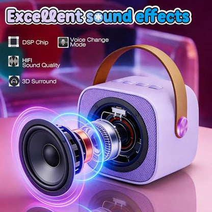 Mini Karaoke Machine for Kids with LED Lights & Fun Voice Effects | Portable Bluetooth Speaker with 2 Wireless Mics,Girls Birthday Gifts Toys for Ages 3-12 Years Old,Family Party Singing & Play - color: Purple