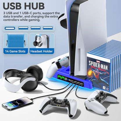 PS5/Slim/Pro Stand and Cooling Station with LED Controller Charging Station for PlayStation 5 Console, Controller Charger, Cooling Stand, PS5/Slim/Pro Skin Accessories Kit with 3 Level Cooler Fan - color: Blue