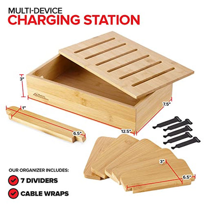 Modern Innovations Bamboo Charging Station for Multiple Devices (Natural) Wood Device Organizer, Desk Docking Stand for Cell-Phone Charger, Compatible with Apple, Android, iPad, iPhone, Tablet, Laptop