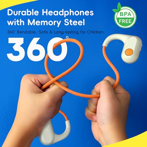 ANCwear Kids Open Ear Headphones, 85dB Volume Limit, Ages 5+ | 17g air conduction design with IPX6 water resistance, mic, magnetic charging and 10H battery for school, sports and travel - color: Orange
