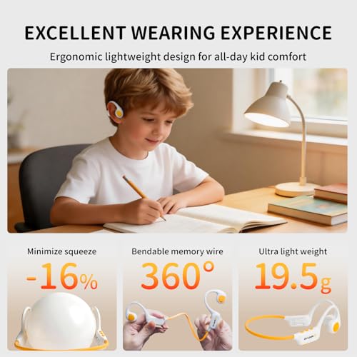 Kids Headphones - Bluetooth 6.0 Air Conduction Open Ear Kids Bluetooth Headphones - 85dB Safe Volume, IPX4 Waterproof - with Mic for School, Gaming, Sleeping, White