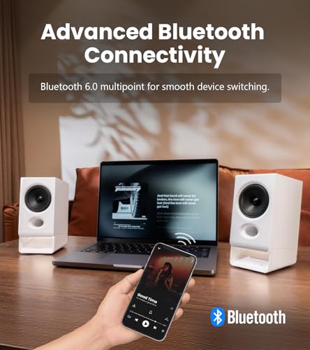 Edifier R20BT Computer Speakers, Touch Controls, AUX & USB-C Inputs, White | 2.75" Full-Range Drivers, Bluetooth 6.0, Headphone Jack, Custom Ambient Light & Sound Profiles via APP - color: White