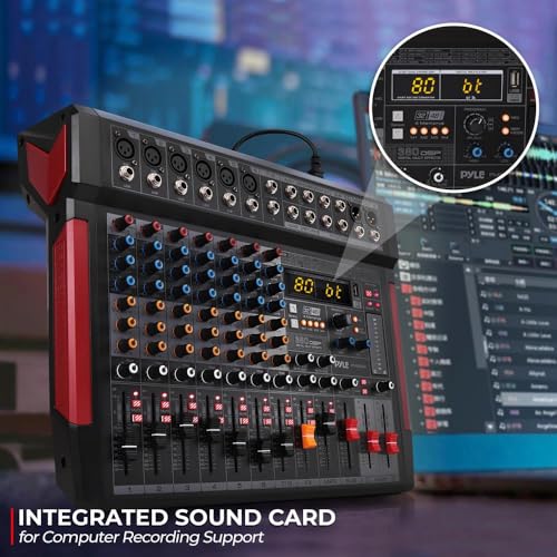 Pyle Professional 8 Channel Audio Mixer - DJ Sound Controller w/ Bluetooth Wireless, 6 XLR Mic/Line Input, DSP Effects, USB-A Input, PC Recording, MP3 Player, LED Level Meters, Sub Out - PMX648 - size: 8