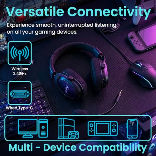 PuroGamer Kids Gaming Headset with Mic, Wireless 85dB Volume Limiting | 2.4GHz low-latency wireless gaming headphones with detachable mic, 32-hour battery, USB-C wired mode and 85dB limit