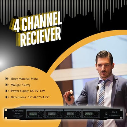 MUSYSIC Professional VHF Wireless Microphones, Lavalier Bodypack Mic System - size: 4 Lavalier