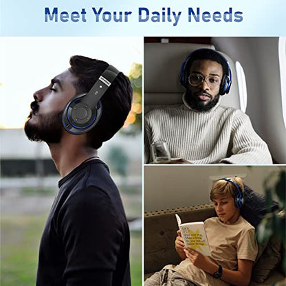 Bluetooth Headphones Over Ear, 6S Foldable Wireless Headphones with 6 EQ Modes, 40 Hours Playtime HiFi Stereo Headset with Mic, Soft Ear Pads, TF/FM for Cellphone/PC/Home (Black & Blue) - color: Black & Blue