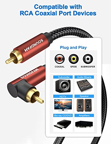 90 Degree Right Angle RCA Subwoofer Cable, Dual Shielded 24K Gold-Plated Coaxial Audio Cable for Home Theater, S/PDIF - [ 6.6ft/2M, Red, 1 x 90° RCA Plug ] - color: 1 x 90° RCA Plug, size: 6.6ft/2M