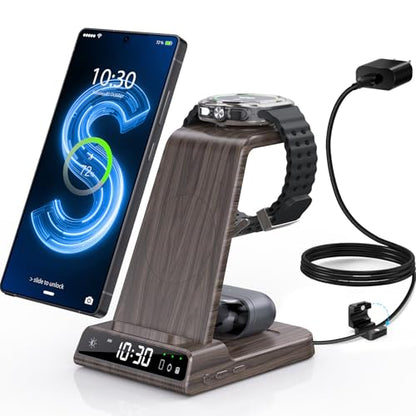 Wireless Charger for Samsung S25 with Clock 3 in 1 Android Charging Station | Charging Station for Galaxy S25 Ultra,Z Flip 7,Fold,Galaxy Bud,Watch Charger for Galaxy Watch 8,7,6,5Pro, Nightstand Charger - color: Wood Grain