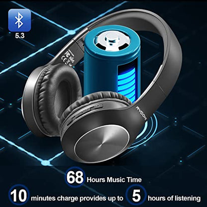 Rydohi Bluetooth Headphones Over Ear, 68H Playtime and 3 EQ Music Modes Wireless Headphones with Microphone/Deep Bass, HiFi Stereo Foldable Lightweight Headset for PC Home Travel Office （Black - color: Black