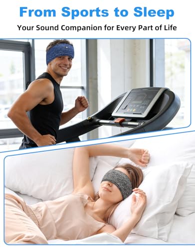 Adjustable Bluetooth Sleeping Headphones Headband for Men Women 2PCS | Hook-and-Loop, Thin Speakers, 14H Playtime, Earphones for Side Sleepers Running Workouts Sports Yoga Meditation - Blue&Gray