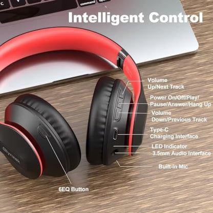 Wireless Bluetooth Headphones Over Ear V6.0 HiFi Stereo with Mic | 65H Playtime 6EQ Modes Foldable Bluetooth Headset with Microphone for Travel Smartphone Computer Laptop Black Red - color: Black
