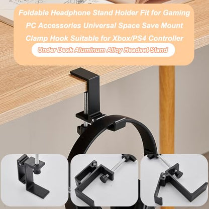 Foldable Headphone Stand Hanger Holder Under Desk Aluminum Alloy Headset Stand Fit for Gaming PC Accessories Universal Space Save Mount Clamp Hook Suitable for Xbox/PS4 Controller Office Computer Desk - color: Black