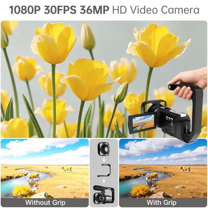 Video Camera Camcorder Full HD 1080P 36MP 16x Zoom for YouTube | Vlog camera with 270° rotatable screen, stereo microphone, dual battery included.