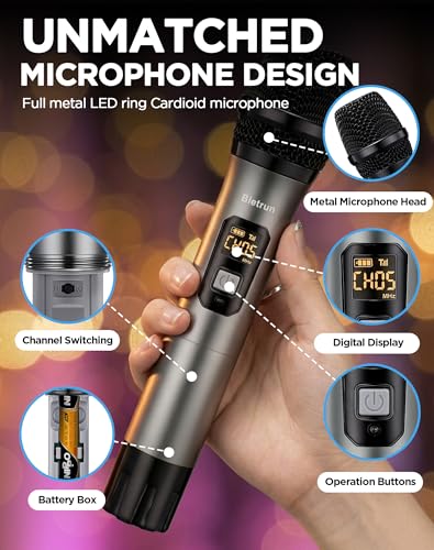 Bietrun XLR Wireless Microphone, UHF Dual Handheld Dynamic Metal Mic Set with Rechargeable Receiver, XLR to 1/4'' Adapter, for Karaoke, Church, Wedding, Party Singing(160 ft Range)(Auto Connect) - color: Grey Red with receiver