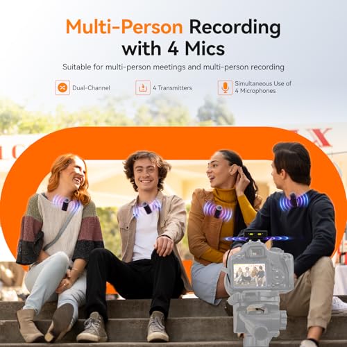SVBONY D4 4-Person Wireless Lavalier Microphones Systems for Group Videos | Compatible with iPhone, Android, Camera, 2-Level Noise Reduction, 656ft Range, Smart Display, Magnetic Mount,Safety Track