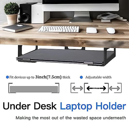 Under Desk Laptop Mount, Laptop Under Desk Mount 3 inches Tall Effective Space with Silicone Pad, Aluminum Under Desk Laptop Holder Rack for Laptop MacBook Dell OptiPlex PS4 & More
