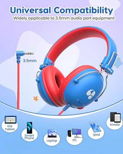 awatrue Kids Headphones, 74/85dB Volume Limiter, 3.5mm Jack Blue Red HK05 - color: Blue-Red