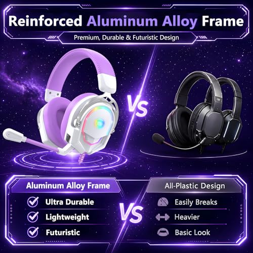 K98 Wired RGB Gaming Headset with Mic, Over Ear Gaming Headphones, 50mm Neodymium Drivers, Noise Isolating Microphone, Memory Foam Cushions, Aluminum Alloy Frame for PC, PS5, PS4, Xbox, Switch - color: White/Purple RGB