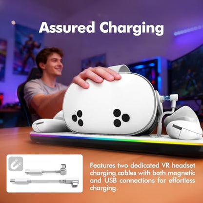 Charging Dock Compatible with Meta Quest 3/3S, Magnetic Fast Charging | Closable 9 RGB Modes, 2 Rechargeable Batteries, With USB-C Cable & Adapter, Compatible with VR Headset Controller Accessories