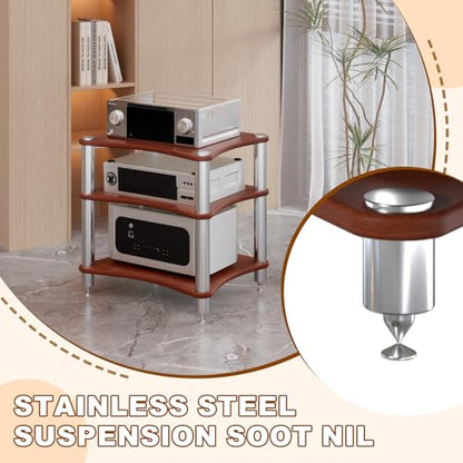 3-Tier AV Media Stand with Speaker Spikes, Stereo Racks and Stand | Audio Equipment Cabinet Entertainment Device Open Air Storage, Dark Wood - size: 3-Tier