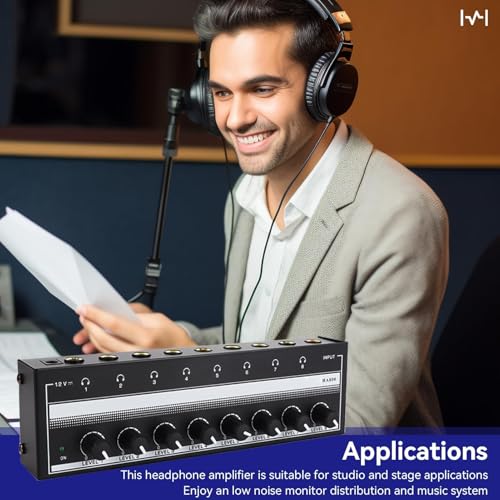 HERCHR Headphone Amplifier 8 Channel Metal Stereo Audio Amplifier, 100 to 240V Portable Headphone Amp with Power Adapter for Studio and Stage