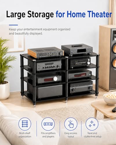 4 Tier Heavy Duty AV Media Stand, Stereo Stands and Racks, Black | Audio Tower HIFI Rack Stereo Shelf 352 lb Load Capacity, vibration-dampening feet, open ventilation, Built for Hi-Fi systems - color: Black, size: 4 tier