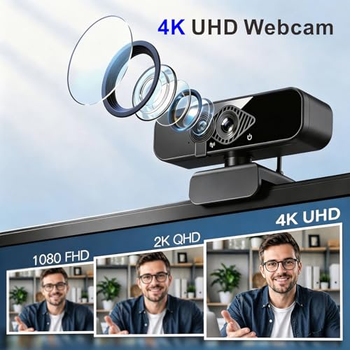4K Webcam with USB C Adapter and Privacy Cover – Built-in Microphone, Plug & Play for PC/Mac/Laptop/Desktop