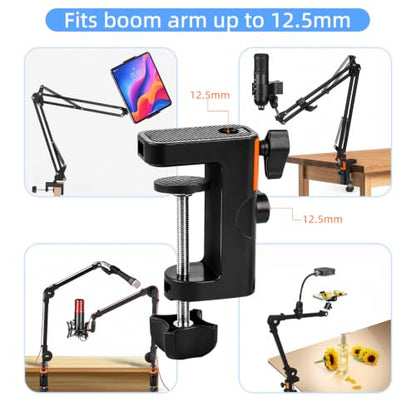 Desk Clamp for Microphone, 12.5mm 2 Hole Mic Table Mounting Clamp | 2-in-1 C Clamp for Magnifying Light, Boom Scissor Arm, Phone and Tablet Stand, Lamp Base, Fits Up to 6.5cm Desktop Thickness - size: XZ002