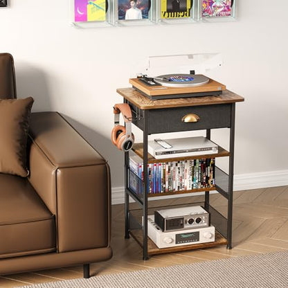 Hongtamoya 4-Tier AV Media Stand with Drawer, Gaming Console Shelf | Audio Rack Tower with 2 Hooks for PS5, Xbox, Switch, DVD Player, Record Player, Projector and TV Accessories Storage