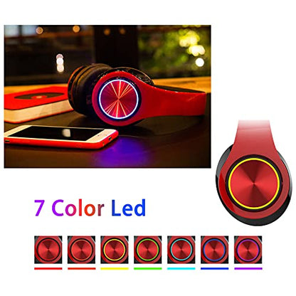 Kids Bluetooth Over Ear Headphones with LED Lights, Red | Built-in Mic, Bluetooth 5.0, Wired and Wireless Foldable Stereo Headphones for Classroom, Office, Tablet, Airplane,Travel - color: Red Black