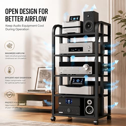 5 Tier Av Media Stand with Wheels, 39in Adjustable Audio Rack | Modern Stereo Racks And Stands, Audio-Video Shelving For Home, Office, Theater