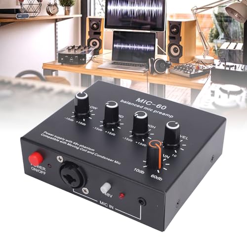 Balanced Microphone Preamp, 48V Power Mic Gain Booster with XLR/6.35mm/3.5mm Input Output for Dynamic and Condenser Mic, 60dB Gain, Low Noise, for Vocal Recording Podcast L