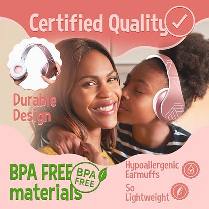 PowerLocus Kids Headphones Over-Ear, Bluetooth Wireless Headphones for Kids,with Microphone, Safe 85DB Volume Limited, Foldable with Carry Case, Audio Cable, Micro SD mode for Online Classes,PC,Phones - color: Upgrade Rose Gold