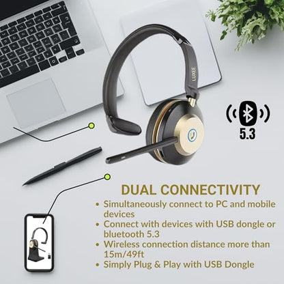 LUXEE Bluetooth Wireless Headset with Microphone for Work - Single Ear Computer Headset with USB Dongle & Charging Base, Noise Canceling Office Headset for Laptop, Zoom, Audifonos con Microfono