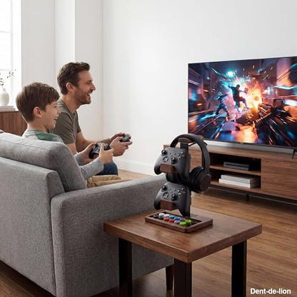 2-in-1 Solid Wood Headset Stand with Dual Game Controller Holder | Gaming Headphone Stand with Storage Base, 6 Joystick Sponge Rings and 8 Thumb Grips Gaming Equipment Accessories for Desk