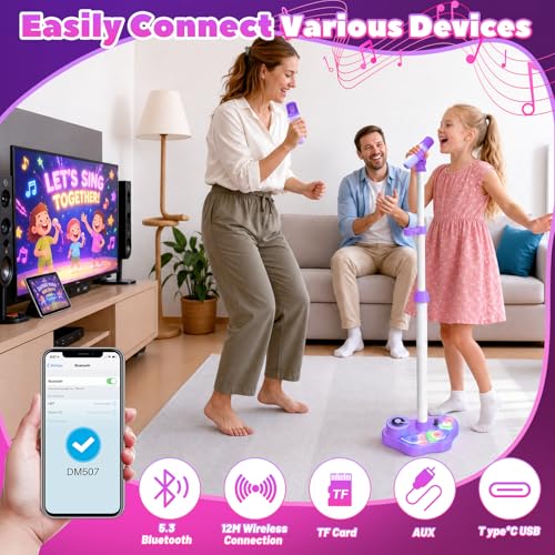 Kids Stand Rechargeable Karaoke Machine Toys with 2 Wireless Mic, Microphone Gifts for 3 4 5 6 7 8 Year Old Girls Grandkids, Bluetooth Speaker with LED Lights Birthday Gift for Age 3-8 - color: Purple