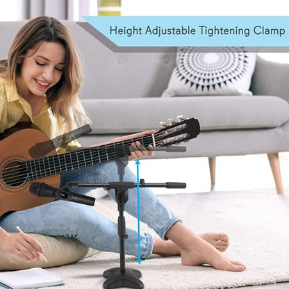 Pyle Universal Compact Microphone Stand - Mic Mount Holder Height Adjustment 19.0” to 26.0” Inch and Telescoping Boom Extension Adjustable Up to 16.0'' w/ Knob Style Tension Lock Mechanism - PMKS7.5