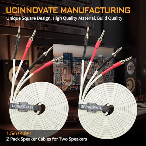 2 Pack 14 AWG OFC Speaker Cable with Pin Banana Plugs, Craft-made HiFi 1.5m/4.9Ft White Square Speaker Wire With Gold-plated Banana Plugs, Speaker Cable for Hi-Fi & Home Audio System, Amp, subwoofer - size: 2 X 1.5m / 4.9 FT