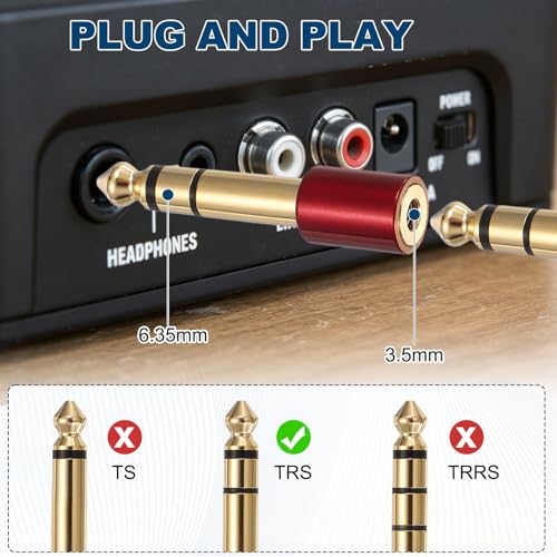 MECCANIXITY 2Pcs TRS 6.35mm Male to 3.5mm Female 1/4" Plug to 1/8" Jack Red | Stereo Headphone Adapter, Audio Converter, Pure Copper, Gold Plated, for Guitars Speakers Computers - color: Red