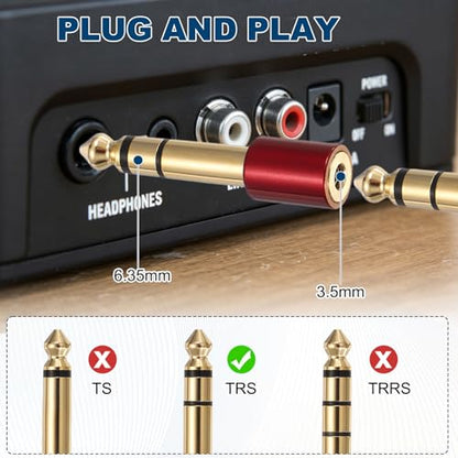 MECCANIXITY 2Pcs TRS 6.35mm Male to 3.5mm Female 1/4" Plug to 1/8" Jack Red | Stereo Headphone Adapter, Audio Converter, Pure Copper, Gold Plated, for Guitars Speakers Computers - color: Red