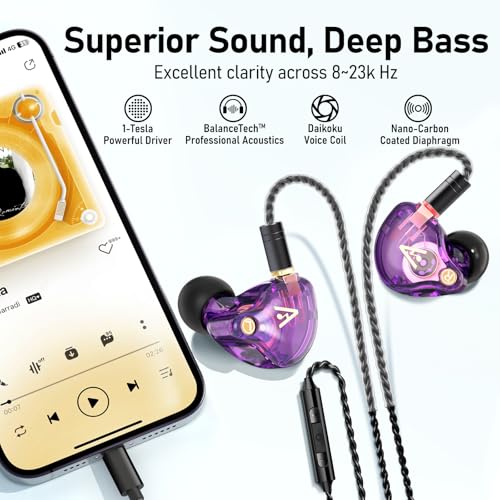 Audiovance Vibes 202ML HiFi 유선 이어버드, 아이폰 14/13/12/11/X, 프로 맥스용 | 마이크가 있는 인이어 헤드폰, 선명한 사운드, 딥 베이스, 소음 차단 이어버드, 실버 도금 코드, 편안한 핏, 케이스 - color: 9-퍼플.
