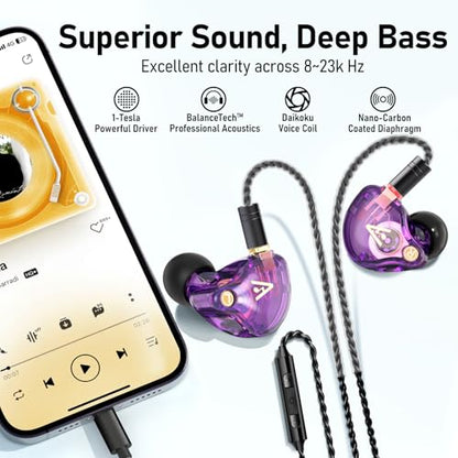 Audiovance Vibes 202ML HiFi 유선 이어버드, 아이폰 14/13/12/11/X, 프로 맥스용 | 마이크가 있는 인이어 헤드폰, 선명한 사운드, 딥 베이스, 소음 차단 이어버드, 실버 도금 코드, 편안한 핏, 케이스 - color: 9-퍼플.