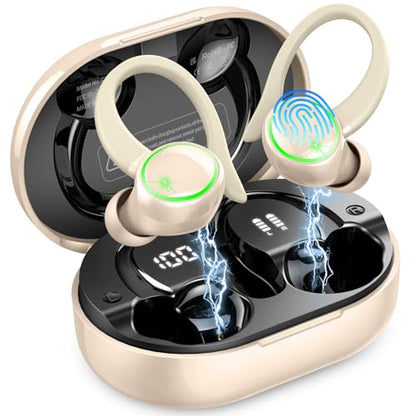 Matast Wireless Earbuds, Bluetooth Headphones Sports, Deep Bass Earphones Gym Running, IP7 Waterproof Headset with Earhook Workout, 50H Playback Over-Ear Buds with ENC Noise Cancelling Mic - color: Pale yellow