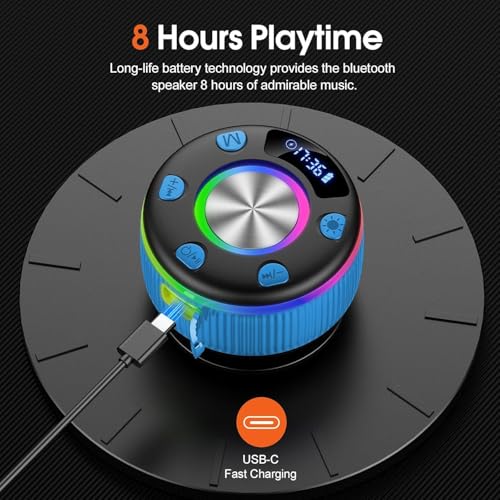 Bluetooth Shower Speaker, IP7 Waterproof Portable Bluetooth 5.3 Speakers with Suction Cup, Mini Wireless Speaker with RGB Lights Time Display, Loud Stereo Sound for Bathroom Beach Outdoor Party, Azure - color: Azure