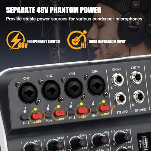 Audio Mixer, TKLBLS Studio Audio Sound Mixer Board, 6 Channel Unpowered Recording Mixers w/USB Audio Interface, DJ Mixer with 48V Phantom Power for KTV, Live Shows, Streaming, Conferences